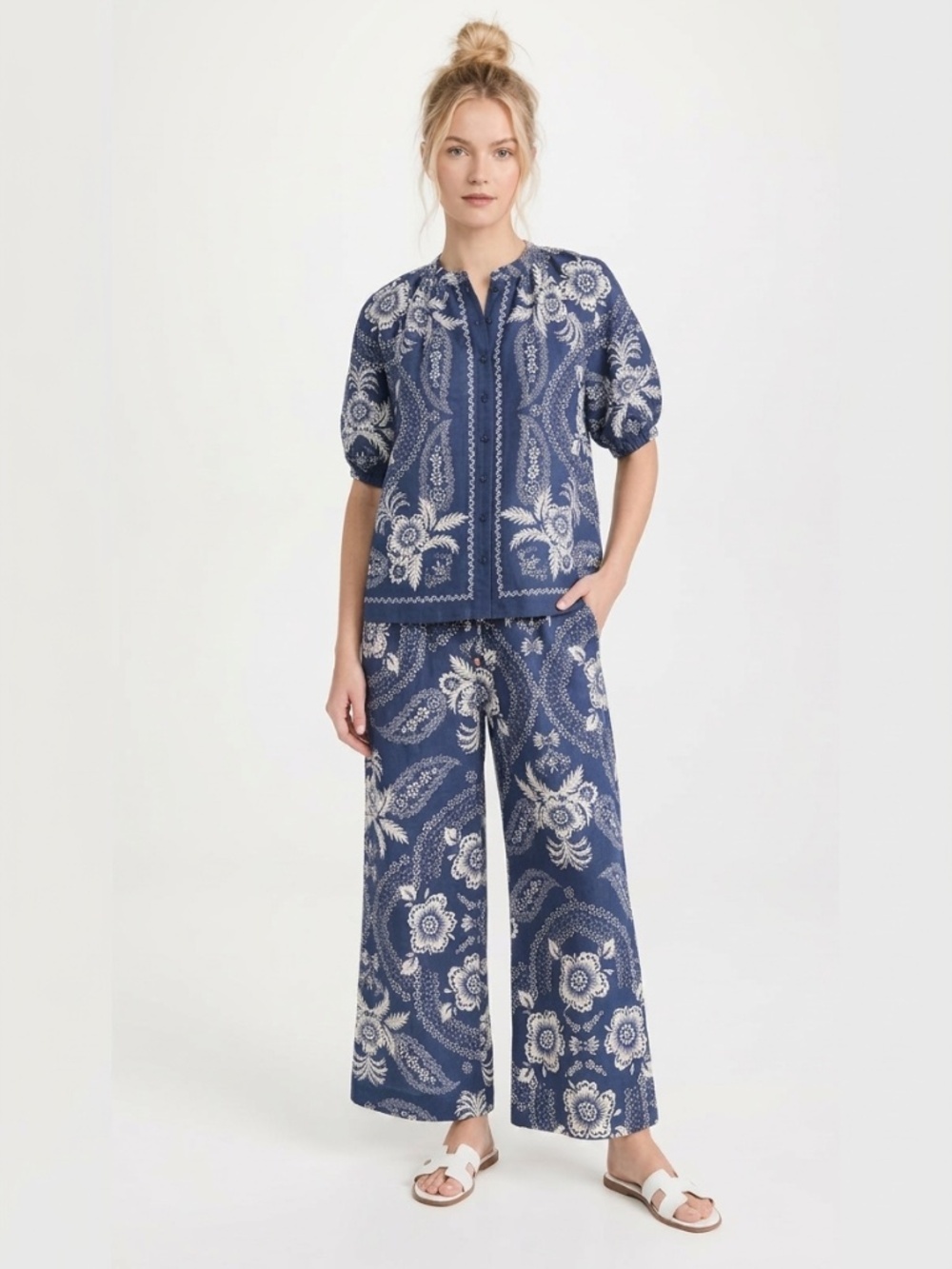 NWT Joie Top and Pant Set Sz S Blue White Linen Blend Floral